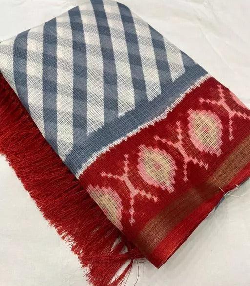 Printed White Color Lining Saree, Pure Linen Saree - Ibis Fab