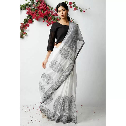 Printed White Color Pure Linen Saree - Ibis Fab