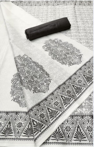 Printed White Color Pure Linen Saree