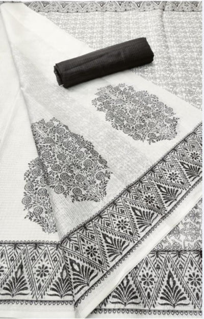 Printed White Color Pure Linen Saree - Ibis Fab