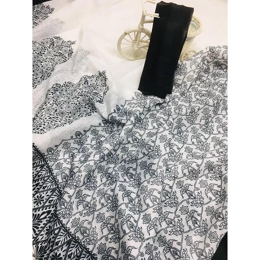 Printed White Color Pure Linen Saree - Ibis Fab