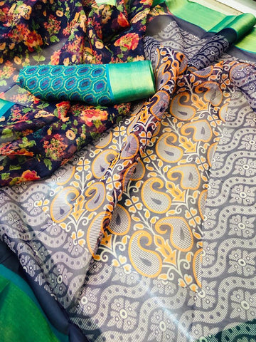 Prominent Pure Linen Dark Blue Colored Casual Printed Saree