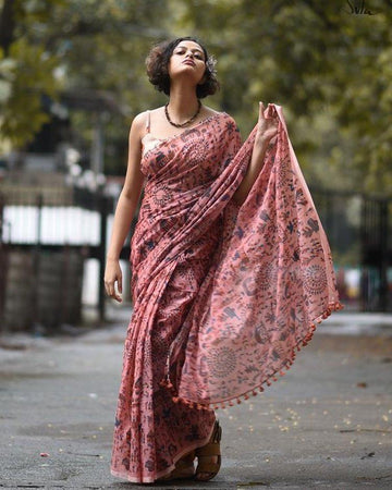 Prominent Rosy brown Pure Linen Designer Saree