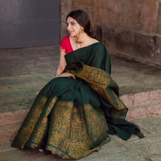 Pure Banarasi Silk Sarees Dark Green Colour, Wedding Wear - Ibis Fab
