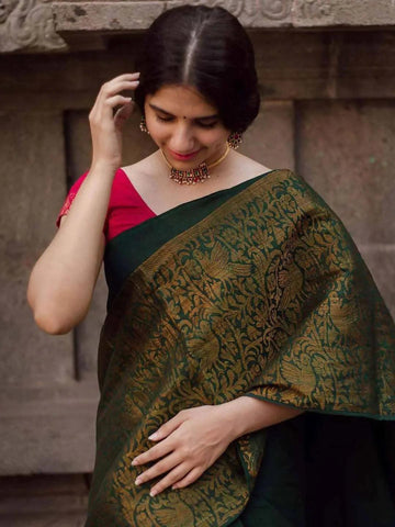 Pure Banarasi Silk Sarees Dark Green Colour, Wedding Wear