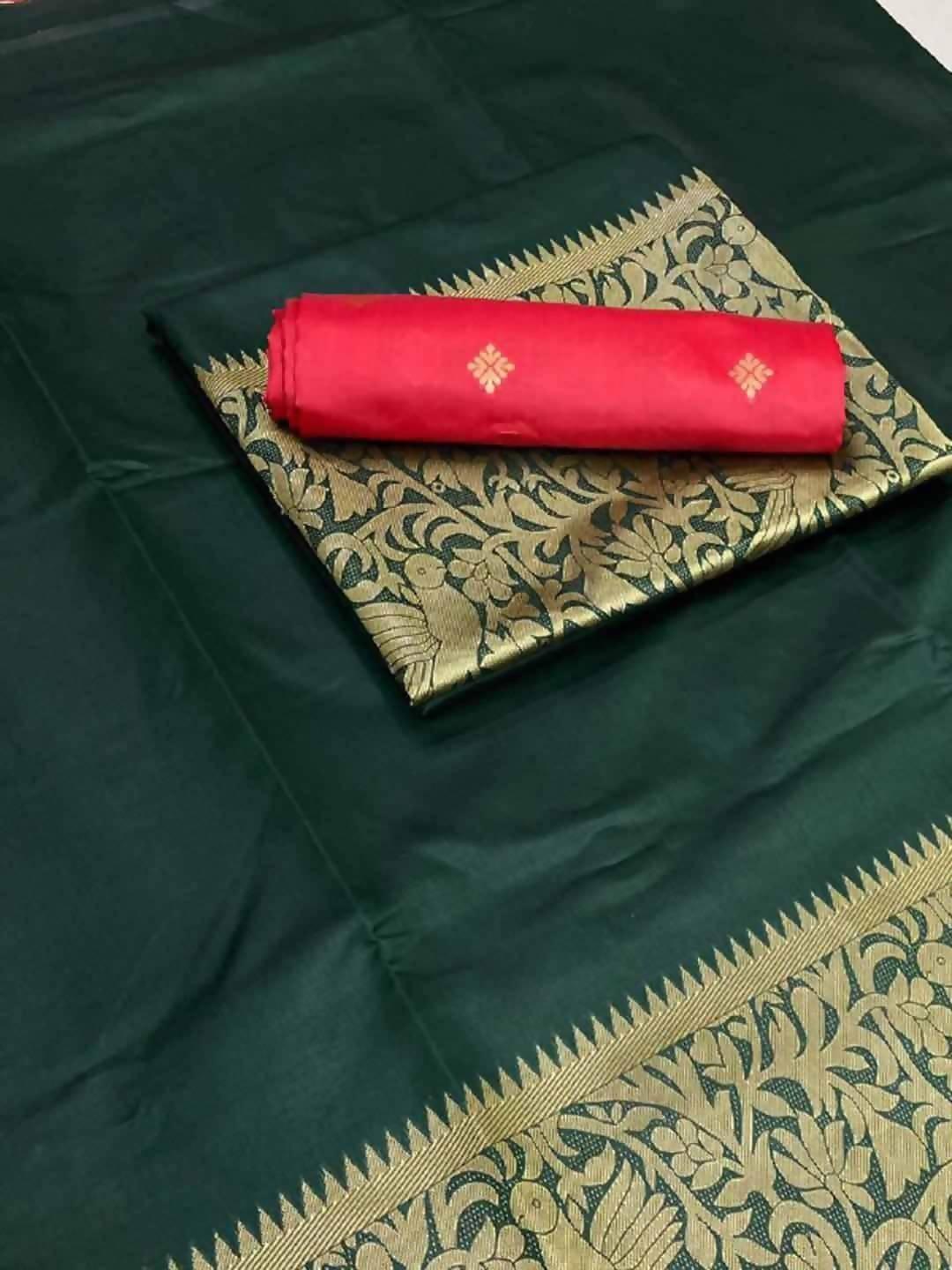 Pure Banarasi Silk Sarees Dark Green Colour, Wedding Wear - Ibis Fab