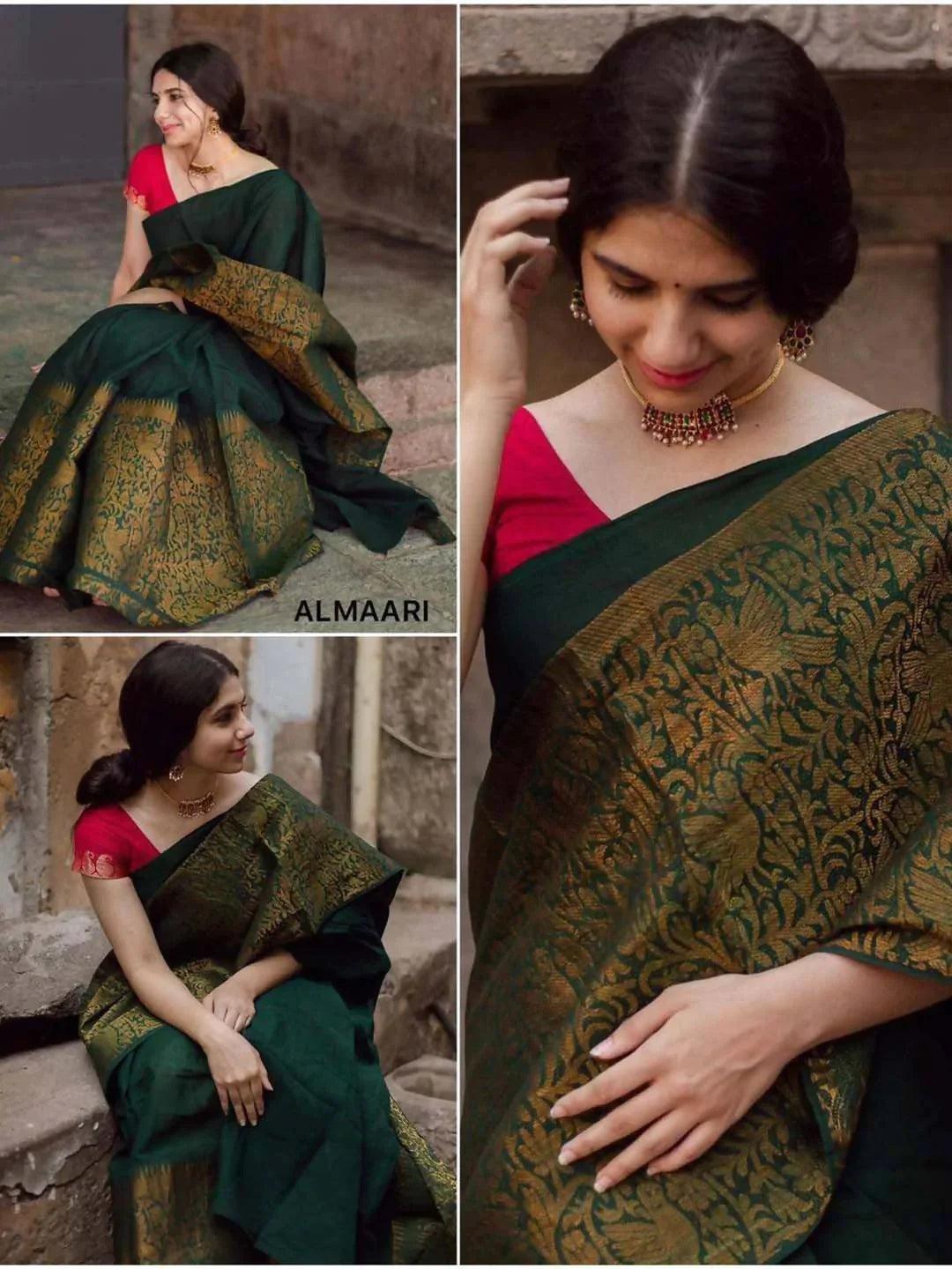 Pure Banarasi Silk Sarees Dark Green Colour, Wedding Wear - Ibis Fab