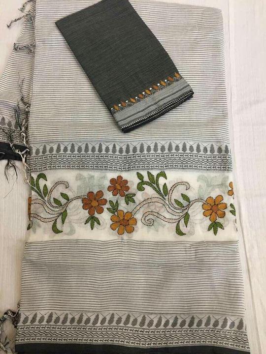 pure linen cotton grey colored dassing printed saree - Ibis Fab