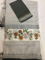 pure linen cotton grey colored dassing printed saree - Ibis Fab