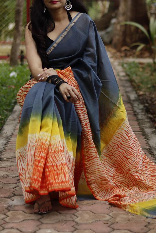 Pure Linen, Designer Night Blue Colour Saree - Ibis Fab