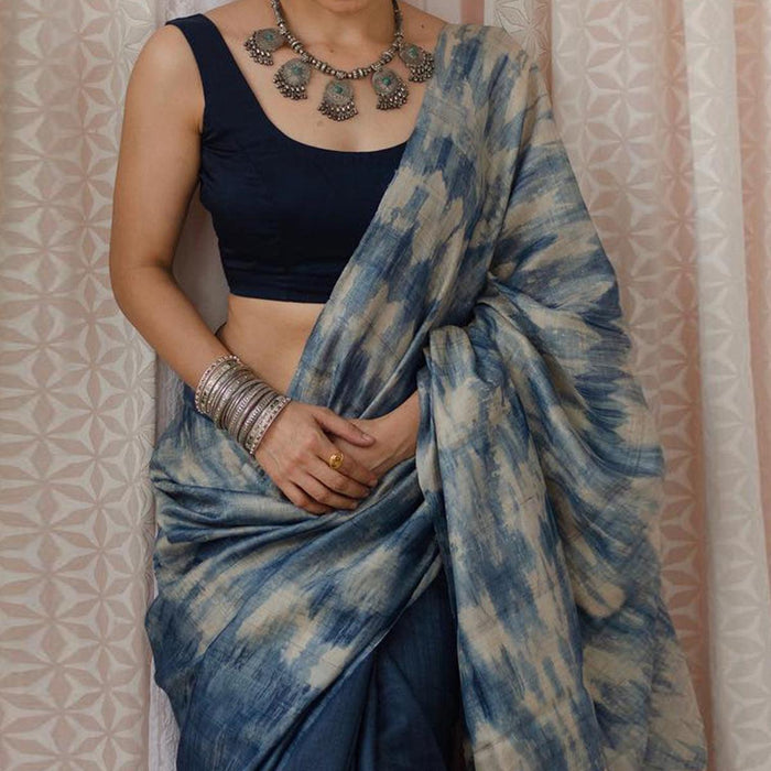 Pure Linen Digital Print Blue Colour Saree, Party Wear.