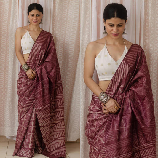 Pure Linen Digital Print Brown Color Saree, Party Wear - Ibis Fab