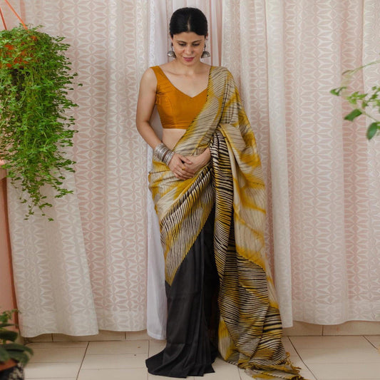 Pure Linen Digital Print Grey And Yellow Colour Saree, Wedding Wear - Ibis Fab