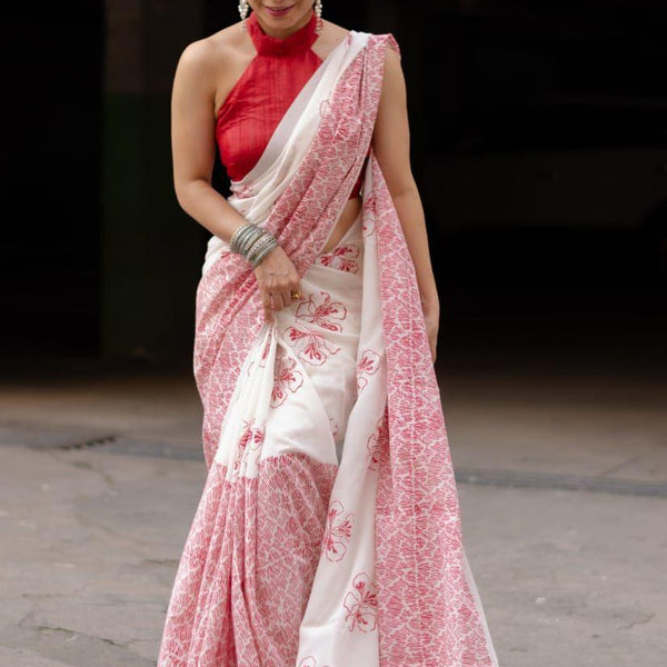 Pure Linen Digital Print White And light Pink Colour Saree, Casual Wear - Ibis Fab