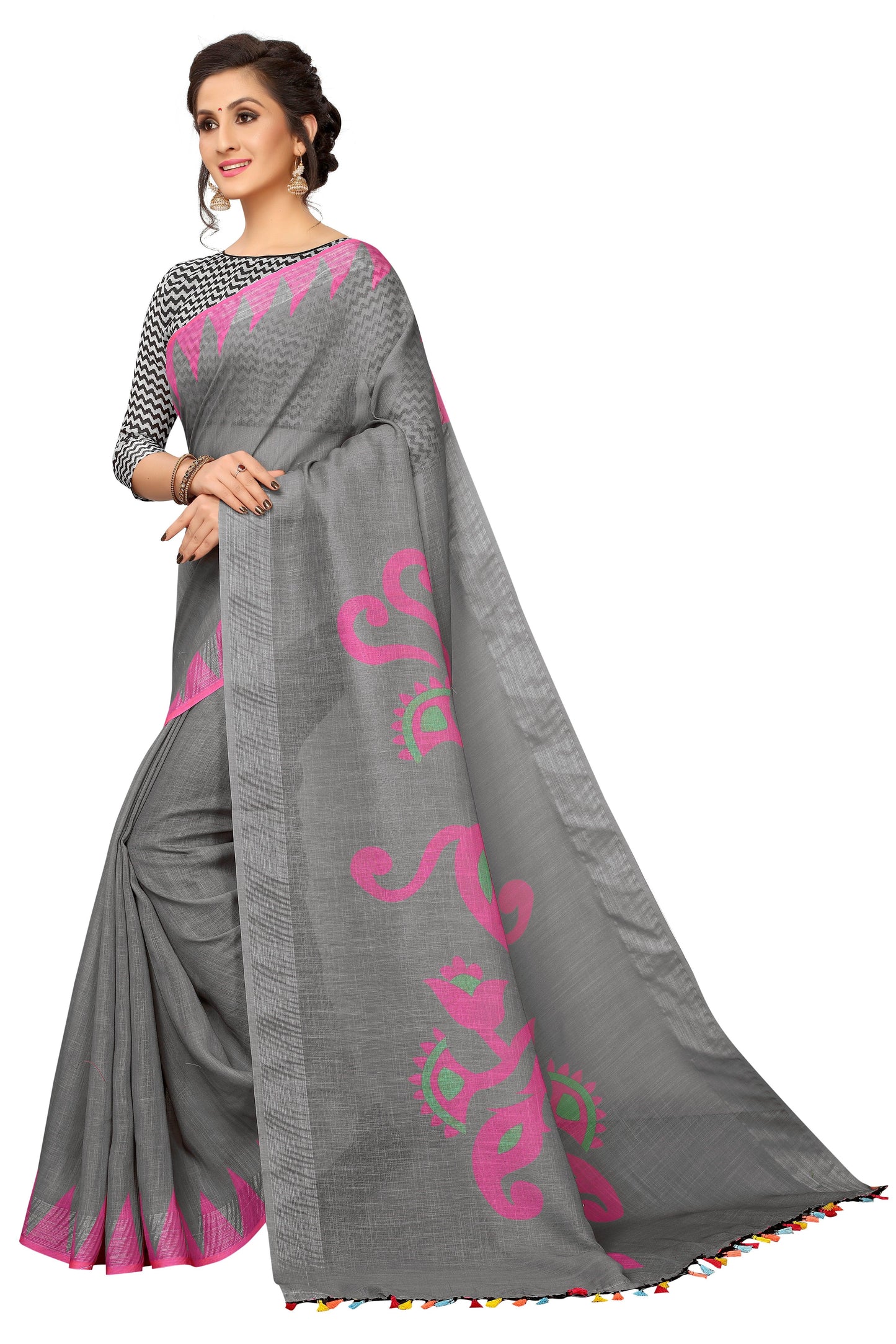 Pure linen saree grey, fabulously stitched - Ibis Fab