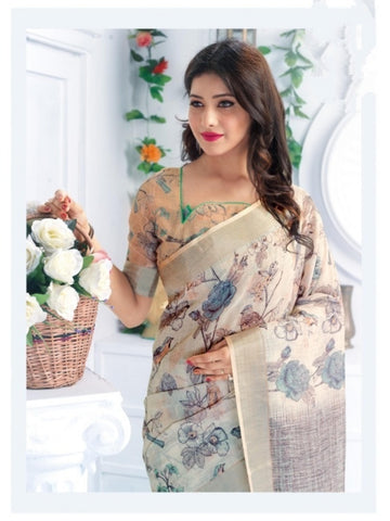 Pure linen saree in Beige, printed festive wear