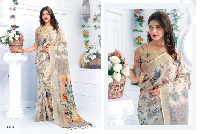 Pure linen saree in Beige, printed festive wear