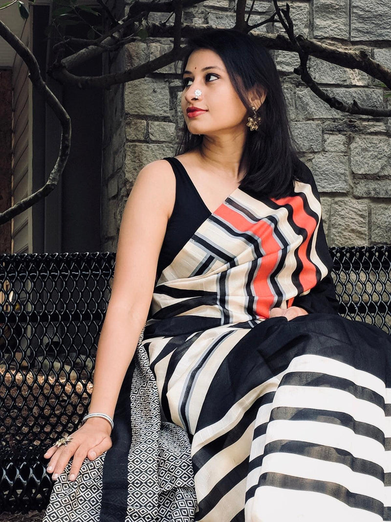 Pure linen saree in black enchanting casual wear - Ibis Fab