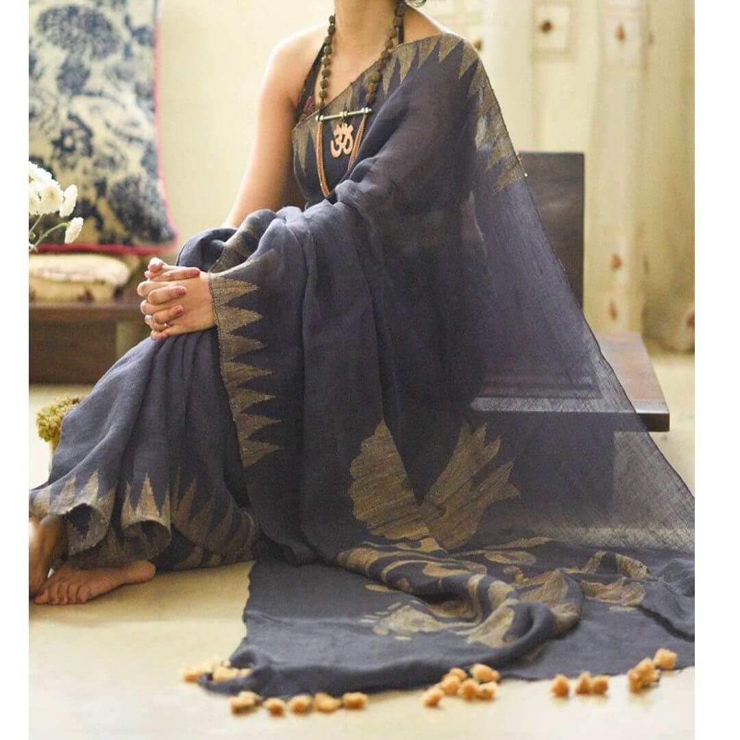 Pure linen saree in dark Grey designer wear - Ibis Fab