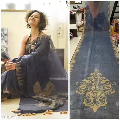 Pure linen saree in dark Grey designer wear - Ibis Fab