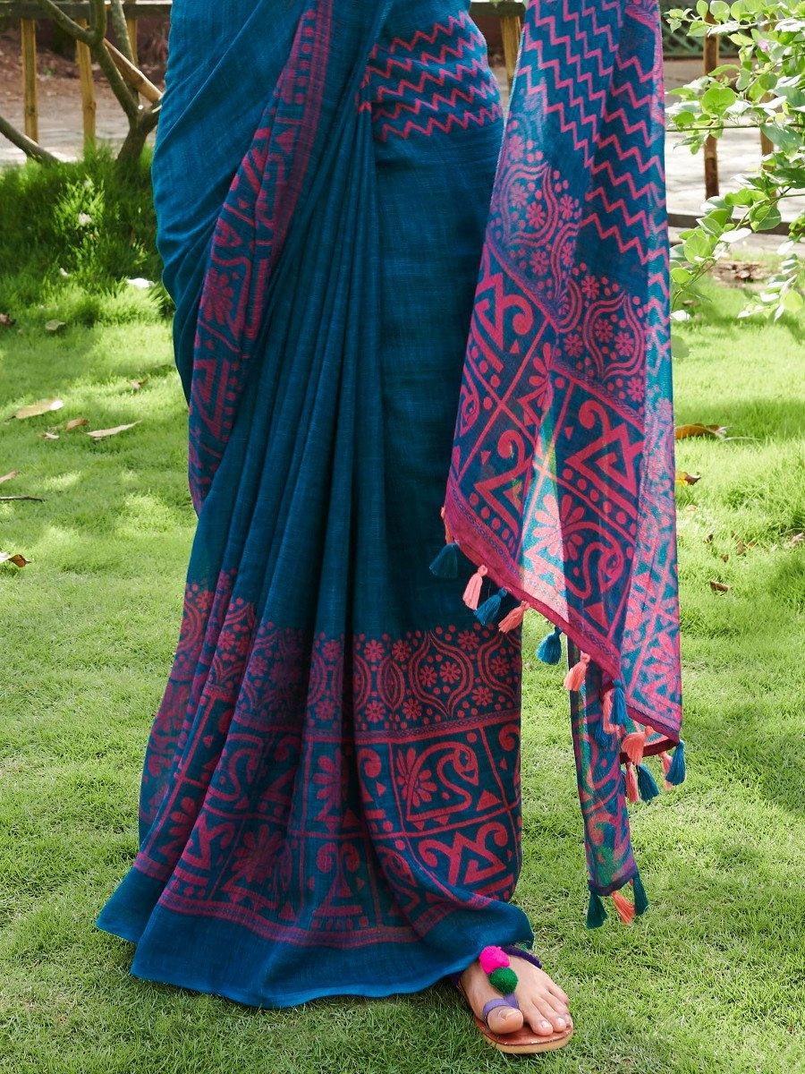 Pure linen saree in hues of blue colour - Ibis Fab