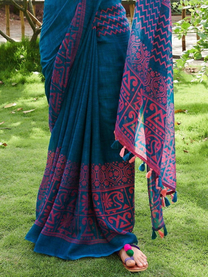 Pure linen saree in hues of blue colour