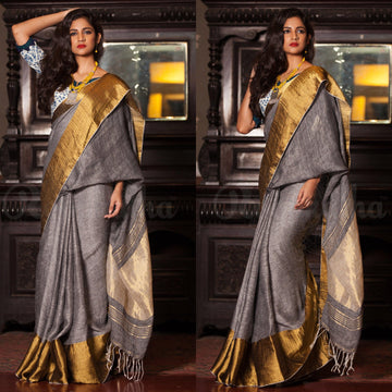 Pure linen saree in Light grey, festive wear