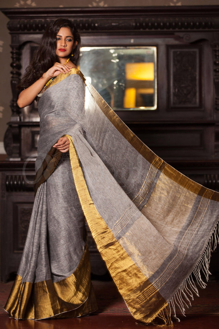 Pure linen saree in Light grey, festive wear
