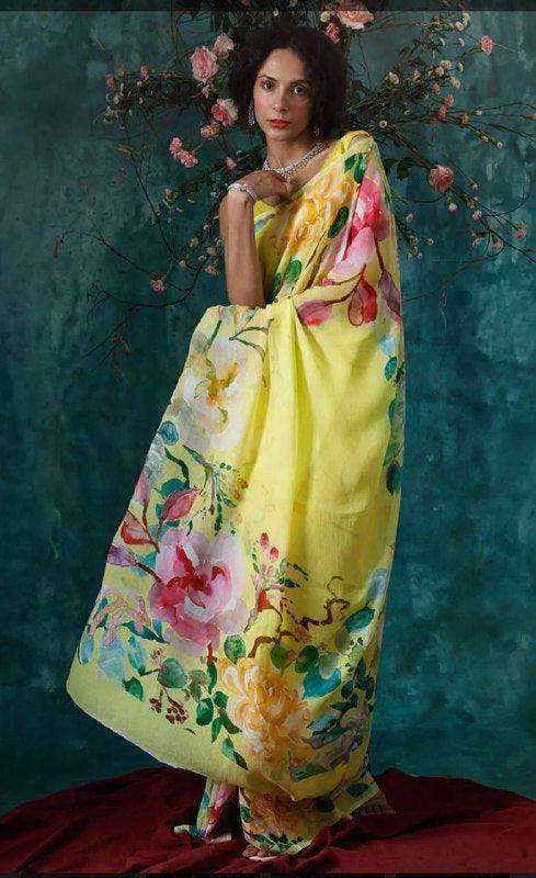 Pure linen saree in yellow, awesome festive wear - Ibis Fab