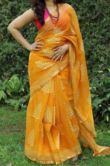 Pure linen saree in Yellow, mesmerising printed wear - Ibis Fab