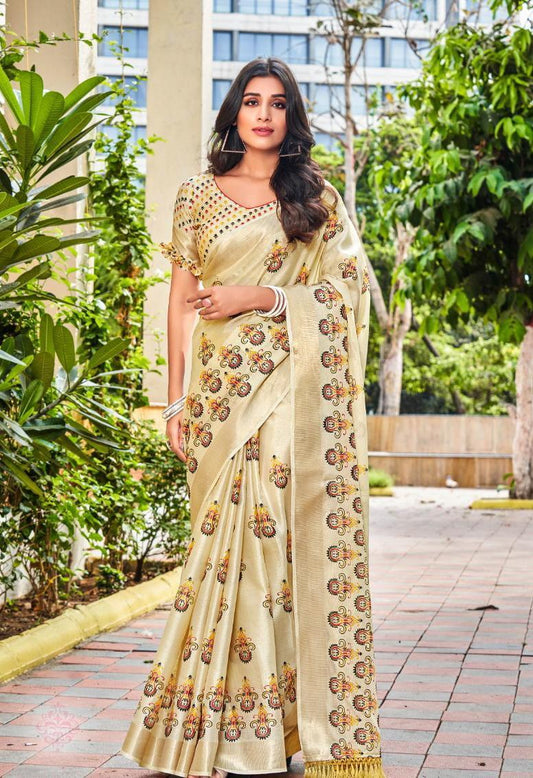 pure silk Classy Beige Colour Saree, Shining Party Wear - Ibis Fab