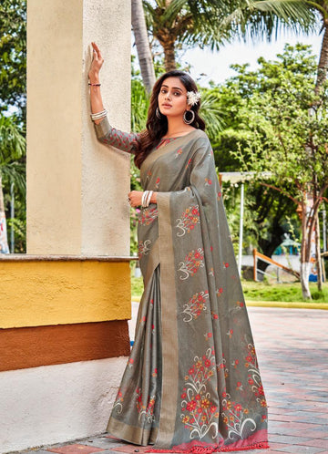 pure silk Classy Grey Colour Saree, Shining Party Wear