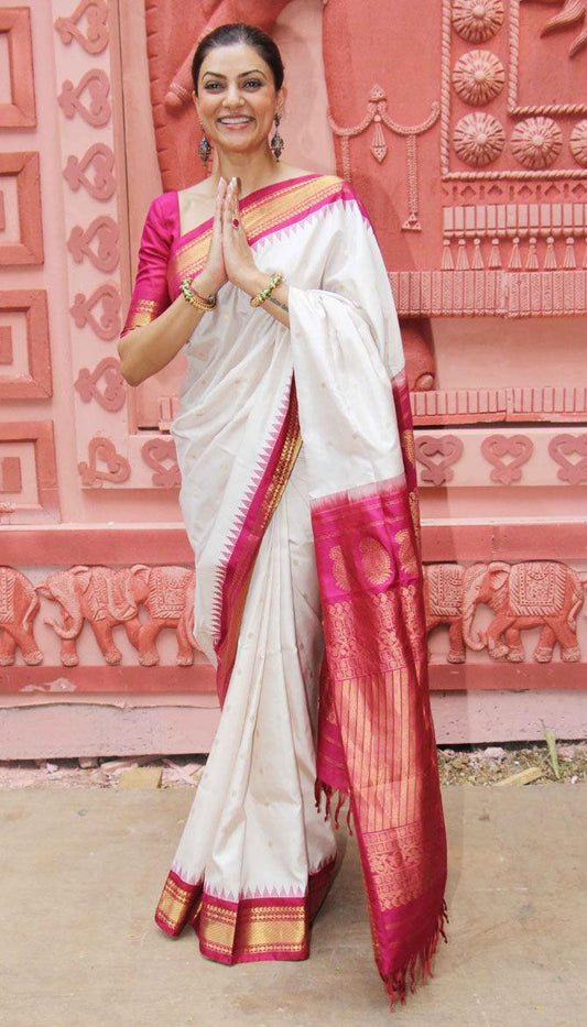 pure silk marvellous white and pink woven saree, wedding wear - Ibis Fab