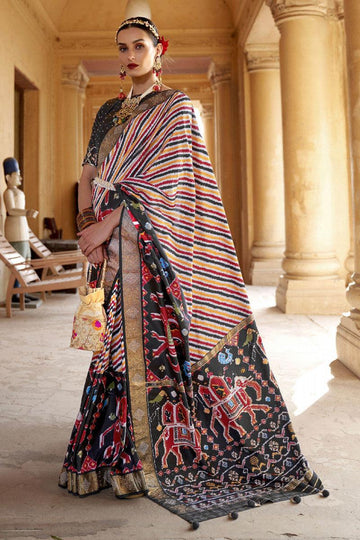 Pure Soft Silk Black and Red Color Patola Saree