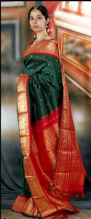 pure soft silk classy green and Red colored wedding wear saree