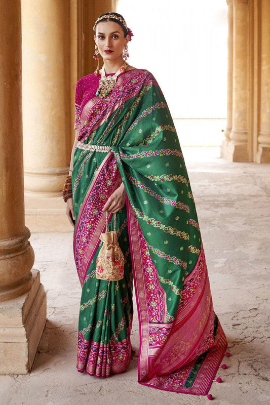 Pure Soft Silk Green and Pink Border Color Patola Saree - Ibis Fab