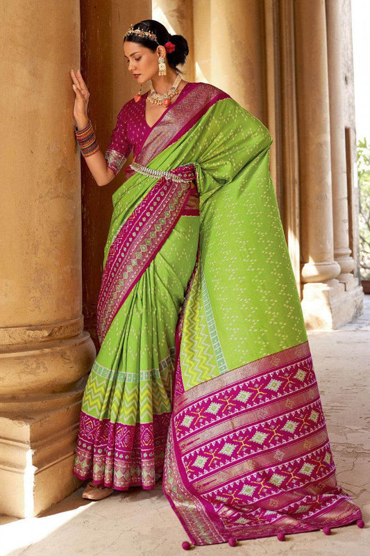 Pure Soft Silk Green And Pink Color Patola Saree - Ibis Fab