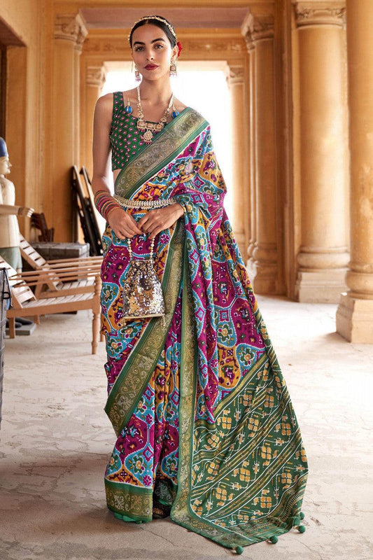 Pure Soft Silk Green Color Patola Saree - Ibis Fab