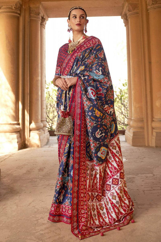 Pure Soft Silk Navy Blue and Red Color Patola Saree - Ibis Fab