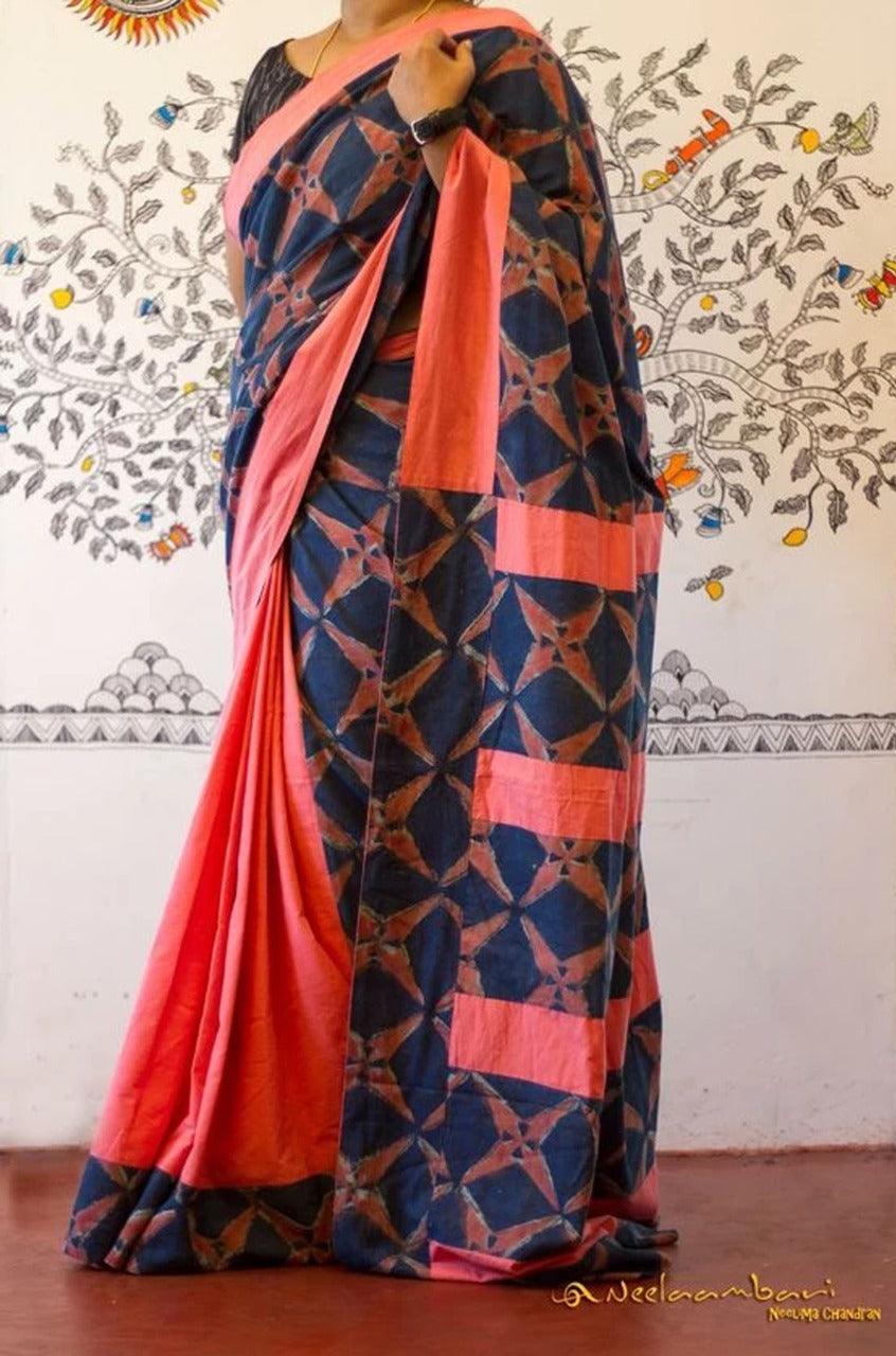 pure soft silk saree in Coral and blue , daily wear - Ibis Fab