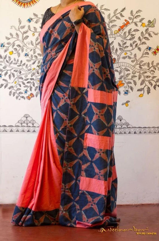 pure soft silk saree in Coral and blue , daily wear - Ibis Fab