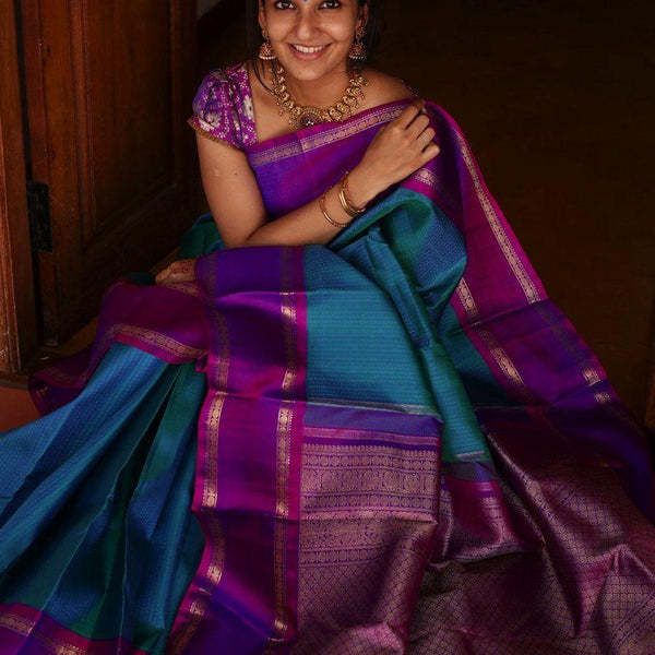 Pure soft silk stunning Blue and dark wine saree, daily wear - Ibis Fab
