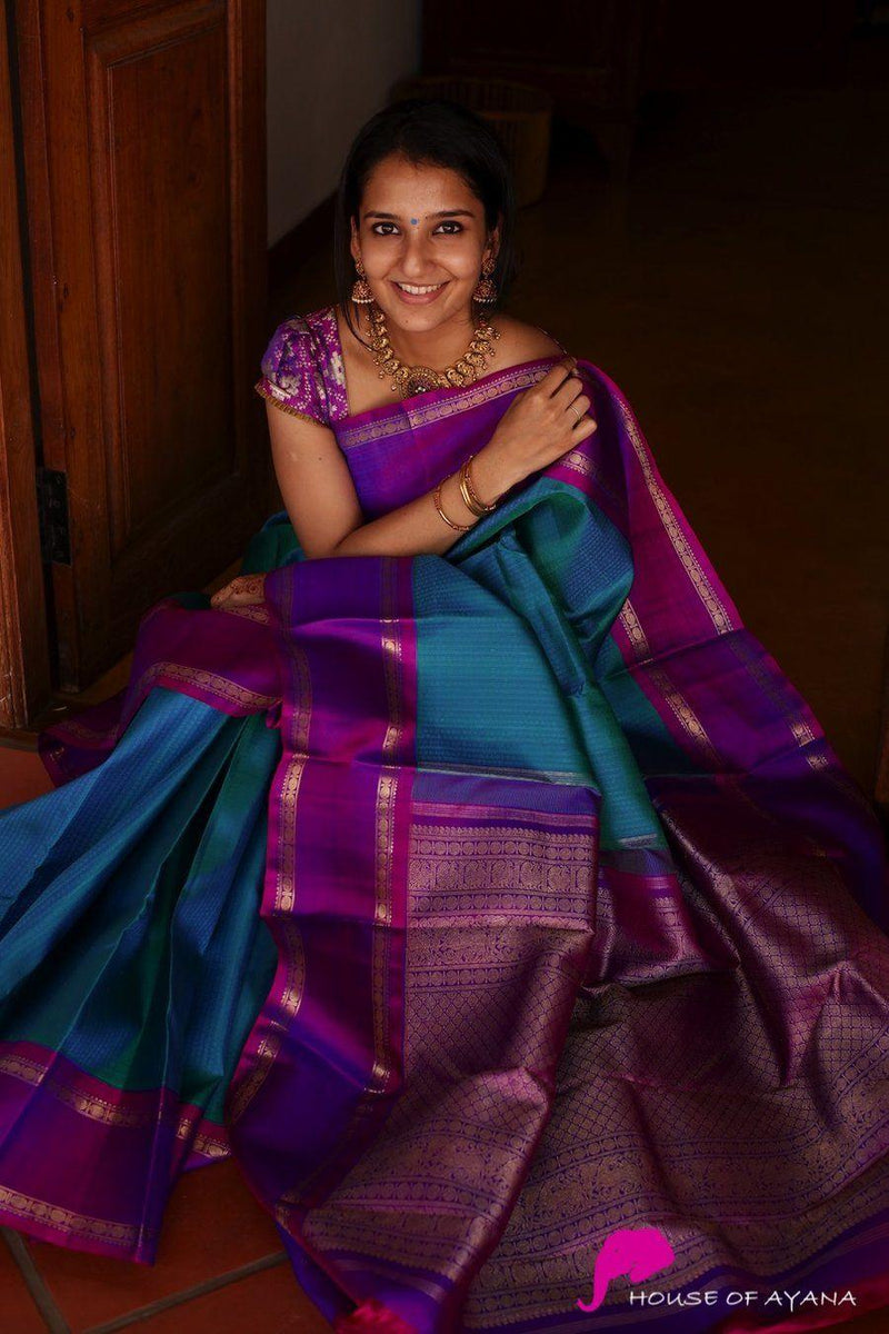 Pure soft silk stunning Blue and dark wine saree, daily wear - Ibis Fab