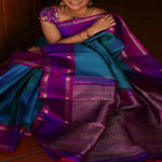 Pure soft silk stunning Blue and dark wine saree, daily wear - Ibis Fab