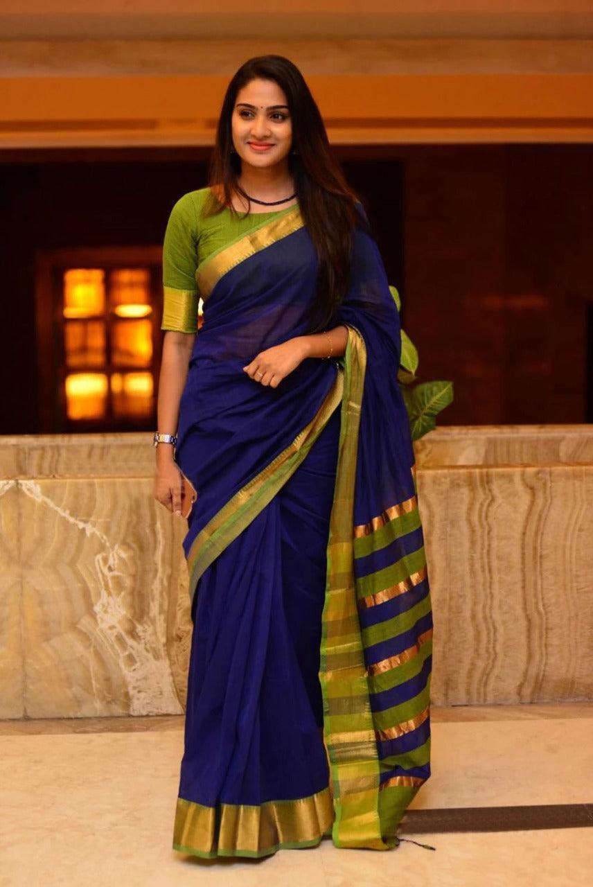 pure soft silk stunning dark blue with Green daily wear saree - Ibis Fab