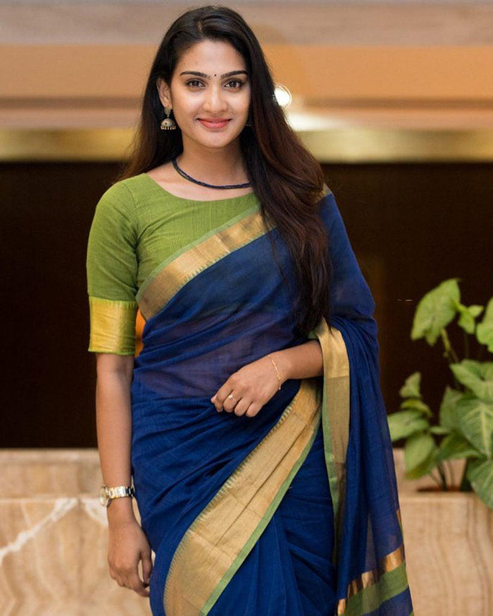 pure soft silk stunning dark blue with Green daily wear saree
