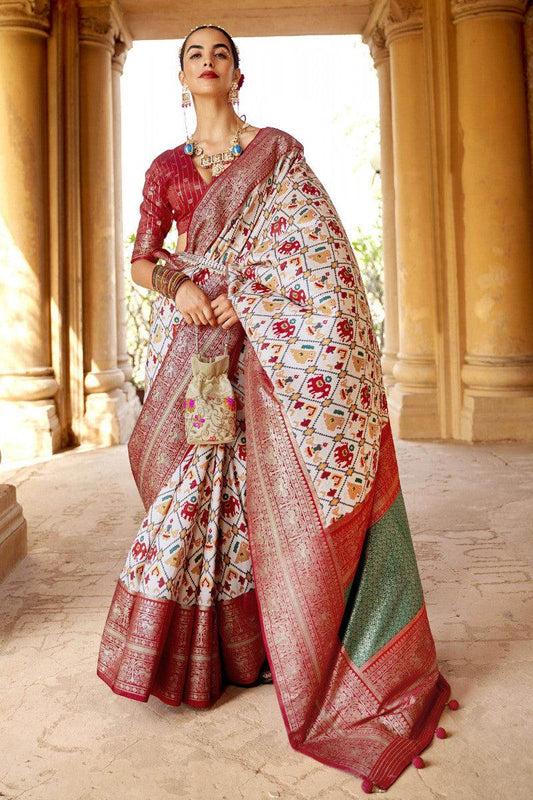 Pure Soft Silk White and Red Border Color Patola Saree - Ibis Fab