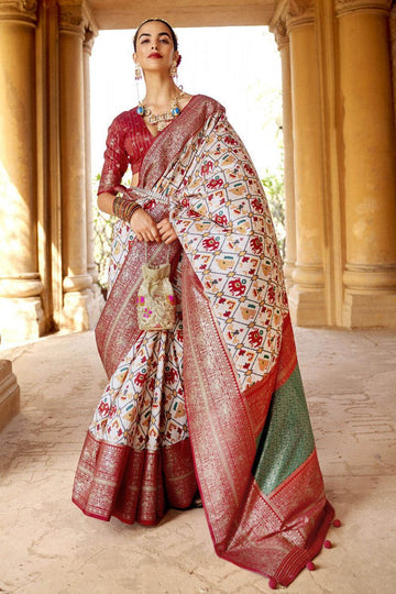 Pure Soft Silk White and Red Border Color Patola Saree
