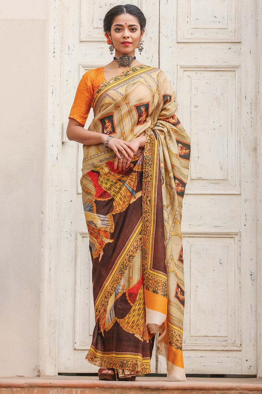Radiant Beige Colored Festive Wear Linen Saree - Ibis Fab