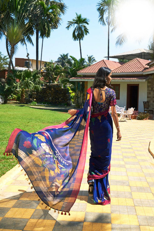 Radiant Blue Colored Festive Wear Linen Saree - Ibis Fab